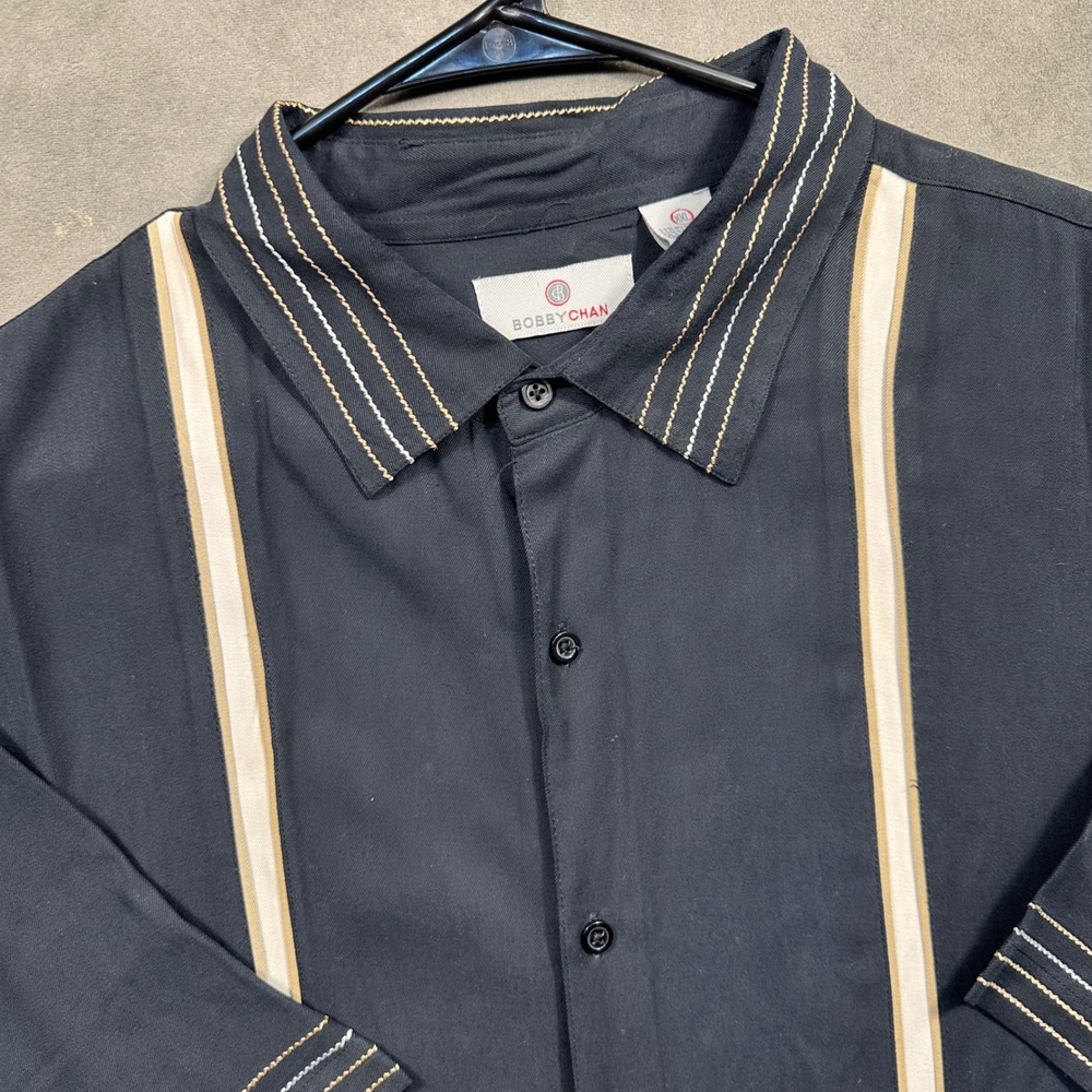 Bobby Chan Button Up Mens XXL Black Silk Bamboo Blend Racing Stripe Excellent